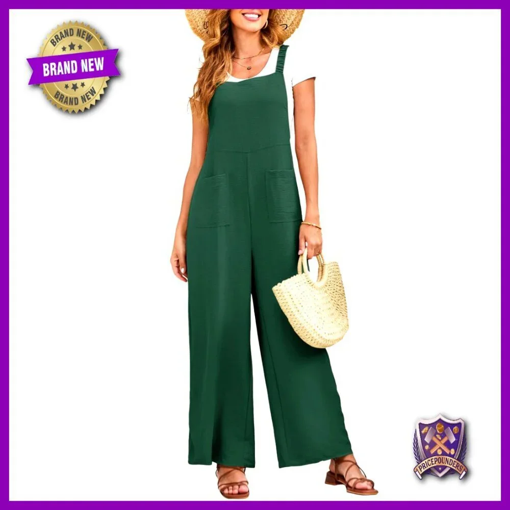 Sleeveless Jumpsuit with Front Pockets, Elastic Straps, Wide Leg Pants